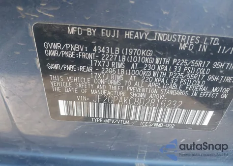 2013 Subaru Xv Crosstrek 2.0I Limited from USA, damaged, VIN JF2GPAKC8D2816232